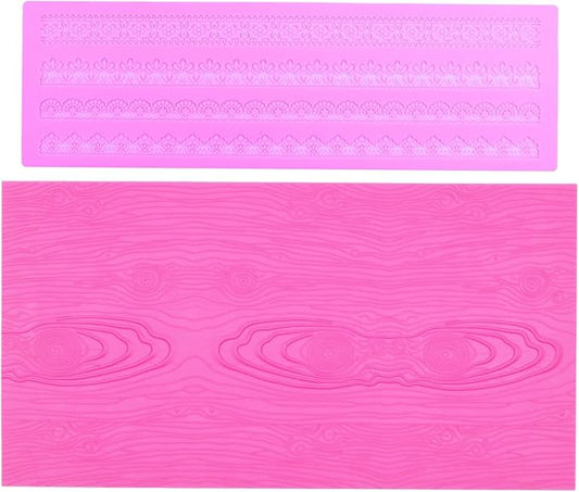 Embossing Lace Fondant Molds, Woodgrain Fondant Mats Molds, Silicone Molds for Cake Decorating set of 2