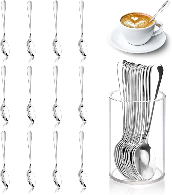 12 Pcs Mini Coffee Spoons with Holder 4.7 inch Demitasse Espresso Stainless Steel Spoons Tea Spoons set of 6 with Acrylic Cylinder Holder Small Coffee Spoons Silver for Coffee Bar Tea Party Home