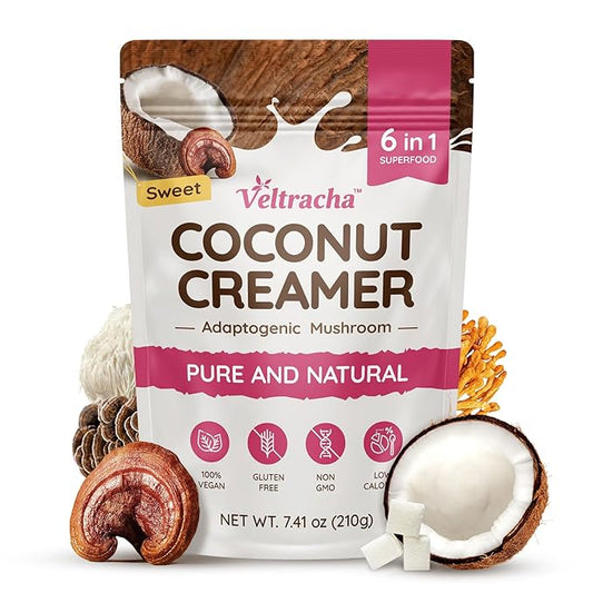 Veltracha Mushroom Coffee Creamer, Superfood Coconut Creamer Powder with 6 Adaptogenic Mushrooms - Reishi, Turkey Tail, Lions Mane, Non-Dairy Coconut Powdered Creamer for Energy & Focus & Digestion, 30 Servings, Sweet