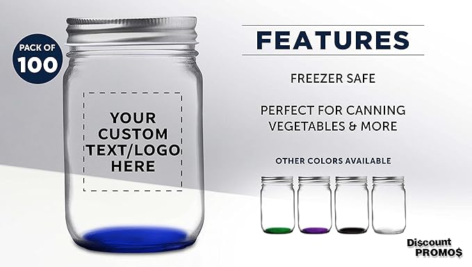 DISCOUNT PROMOS 100 Decorating Mason Jars Set, 12 oz. - Customizable Text, Logo - Canning, Aluminum Lid - Blue