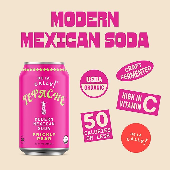 De La Calle Tepache - Cactus Prickly Pear - Modern Mexican Soda - Craft Fermented Pineapple Sparkling Beverage - Certified Organic, Antioxidant Rich, Non-Alcoholic, Healthy Soda, Low Sugar, Low Calorie, Non-GMO