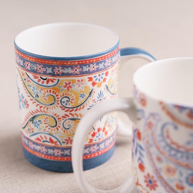 Maison d' Hermine Coffee Mug with Handles Fine Bone China Mugs Pack of One Tea Cups for Hot Beverages Cappuccino Latte Home Restaurant Office Perfect for Gift (Indian Floral - Butta, 15 Ounce)