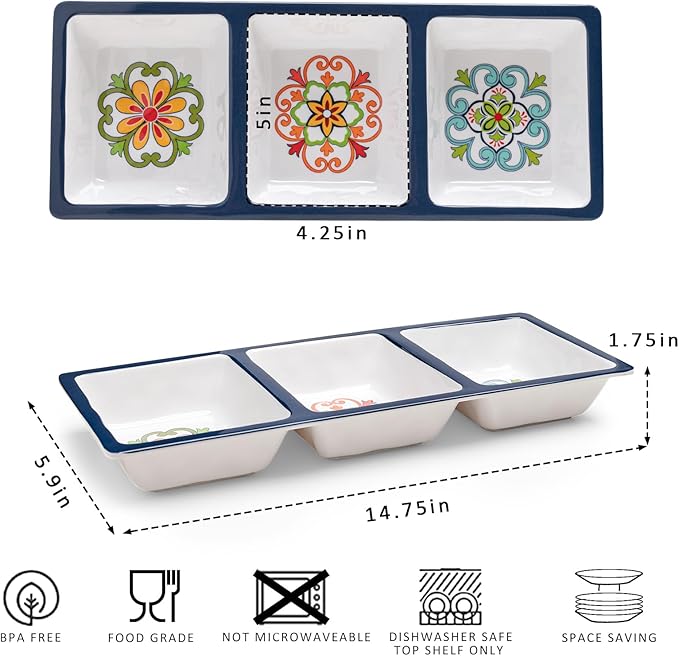 3-Section Divided Serving Trays, Talavera 14.75”x 6” Unbreakable Melamine Serving Platter for Serving Food, 3 Compartment Condiment Tray, Rectangular Condiment Server Set of 2