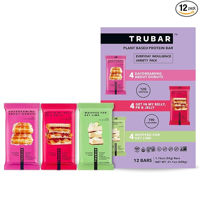TRUBAR Vegan Protein Bar Variety Pack, Assorted Flavors, Donuts, PB & Jelly, Key Lime, Gluten Free, Vegan Protein Snacks, 12G Plant-Based Protein, High Fiber, Healthy Protein Bars, 12 CT