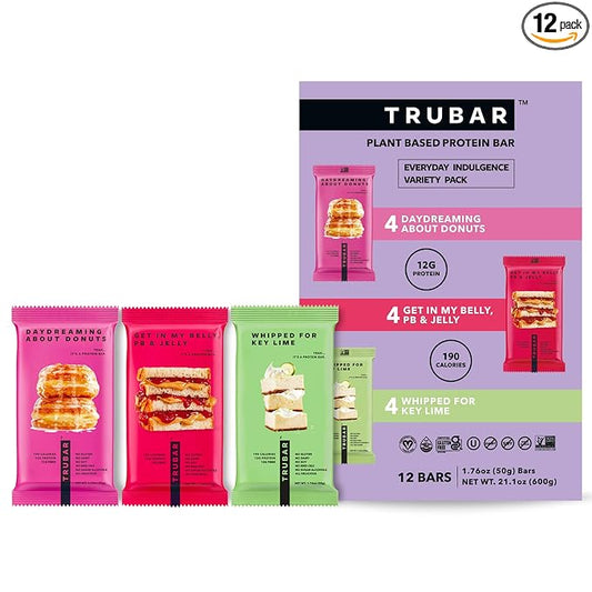 TRUBAR Vegan Protein Bar Variety Pack, Assorted Flavors, Donuts, PB & Jelly, Key Lime, Gluten Free, Vegan Protein Snacks, 12G Plant-Based Protein, High Fiber, Healthy Protein Bars, 12 CT