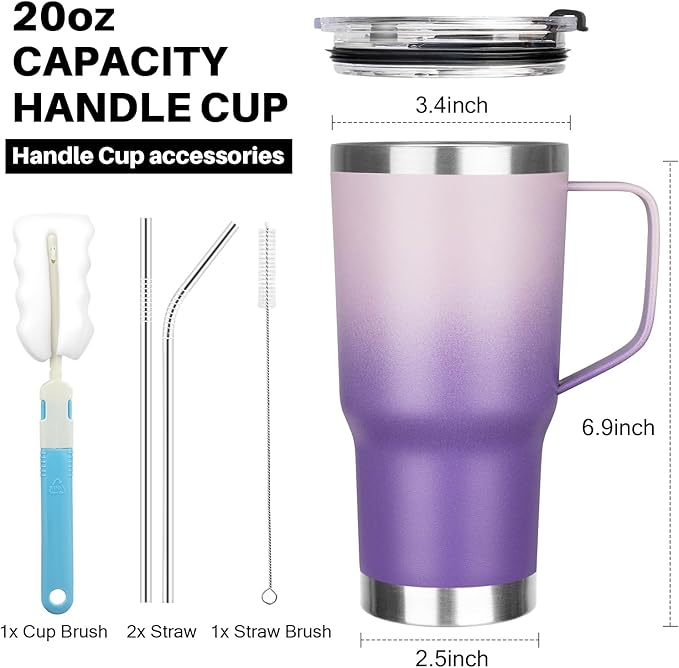 20 oz Tumbler with Handle, Stainless Steel Insulated Tumbler with Lid and Straw, Double Wall Vacuum Coffee Mug Tumbler, Insulated Coffee Thermal Cup for Cold and Hot (Light Dark Purple, 20, ounces)