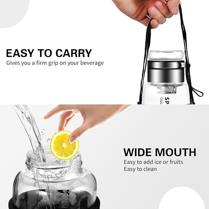 40 oz Glass Water Bottles - Large, Clear, Borosilicate Glass Water Bottle with Stainless Tea Infuser - Cup-Function Lid, Neoprene Sleeve, Strap - Wide Mouth BPA free, for Tea, Beverages, Juice