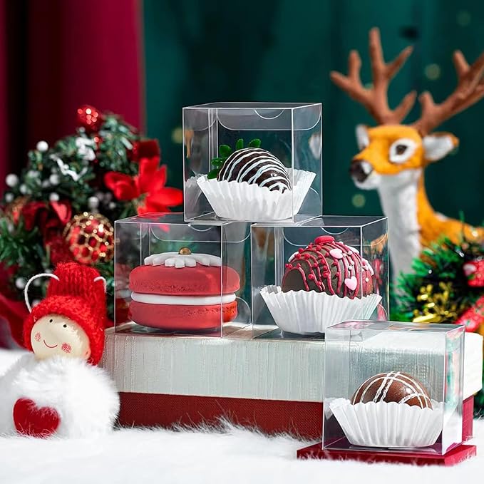 100 Pack 2x2x2 Inch Plasric Clear Macaron Boxes, Treat Boxes, Chocolate Truffle Boxes, Bakery Boxes For Dessert Candy Cookies Mini Cupcake Packaging Christmas Wedding Favors, Baby Shower