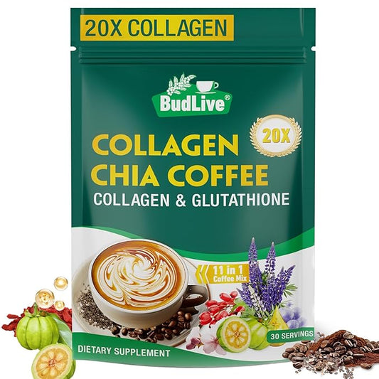 20X Collagen Chia Coffee, 11 in 1 Shape Coffee Mix with Collagen & Chia Seeds, Goji Berry, Supports Hair, Skin & Nails, Boost Beauty & Energy, Sugar Free, Vegan, Gluten-Free, 30 Servings