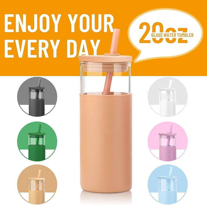 Tronco 20 oz Glass Tumbler With Lids and Straws, Reusable Smoothie Cups With Silicone Lid, Iced Coffee Cup With Silicone Protective Sleeve, Dishwasher Safe- BPA Free（Coffee 1 Count）
