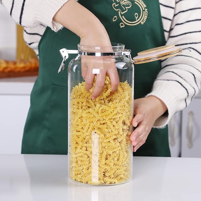 KKC HOME ACCENTS Glass 2 lb Whole Bean Coffee Glass Container with Airtight Hinged Bamboo Lids,32 Ounce Coffee Beans Glass Canisters,Large Sealed Glass Storage Jars for Flour,Sugar,Nut,Pasta,Cereal
