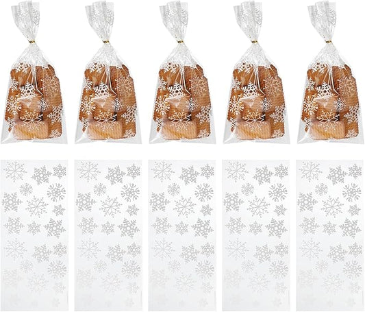 uxcell 100pcs Snowflake Treat Bags, Cookie Bags with Twist Ties for Candy Package Christmas Holiday Winter Party Favors, White