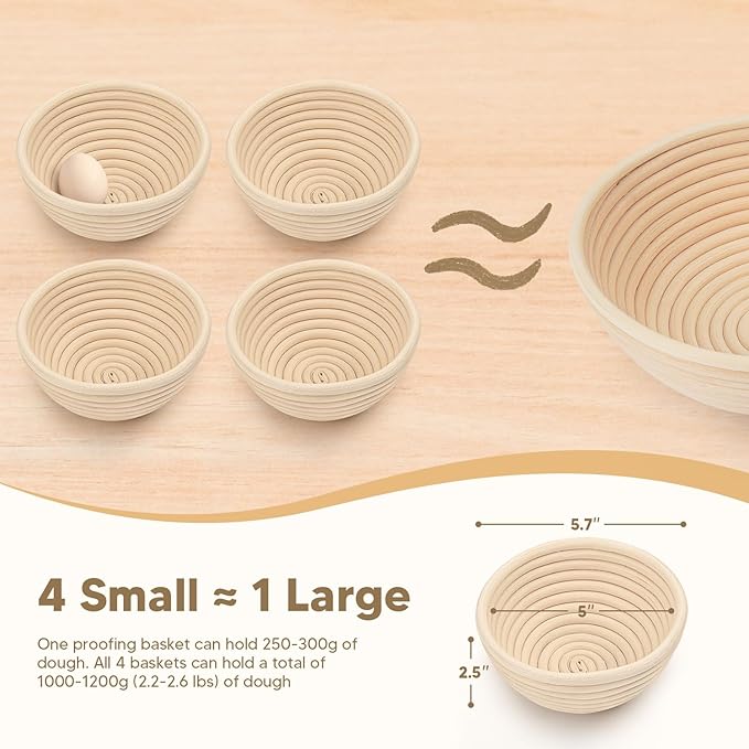 Mini Banneton Basket (5 Inch, Set of 4) – Round Banneton Bread Proofing Set, Perfect for Bread Bowl and Small Sourdough Loaves– Mini Sourdough Proofing Basket for Baking Supplies