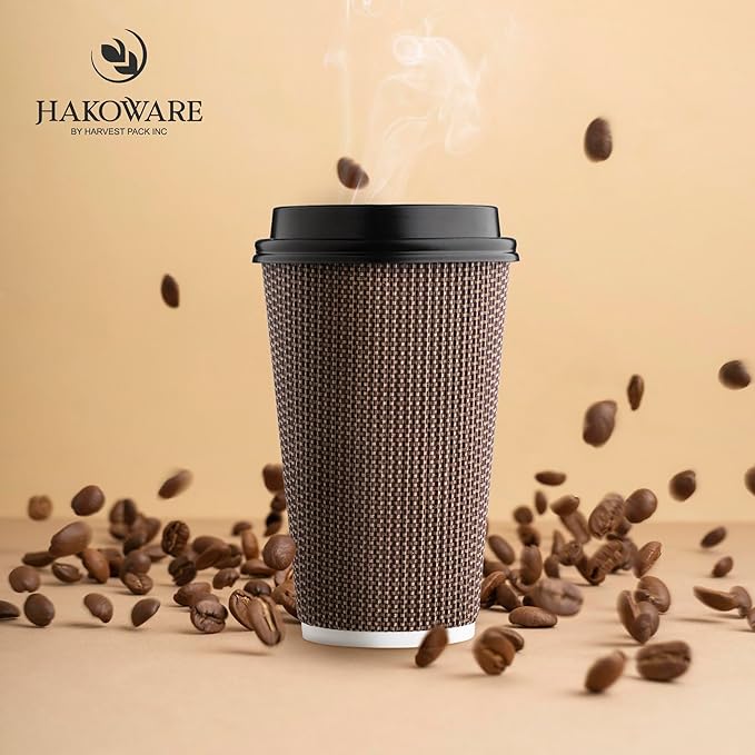 [85 SET]Harvest Pack 16 oz Coffee Cups, Disposable Insulated Coffee Cups, Ripple Double-Walled Paper Cups with Lids, Black and White Geometric, Drinking Cups for Tea Hot Chocolate Drinks To go