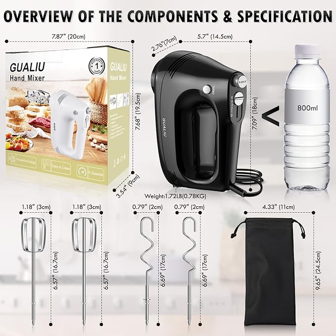 Electric Hand Mixer with Stainless Steel Whisk, Dough Hook Attachment and Storage Bag, Handheld Mixer for Baking Cakes, Eggs, Cream Food Mixers. Turbo Boost /5 Speed Kitchen Blender