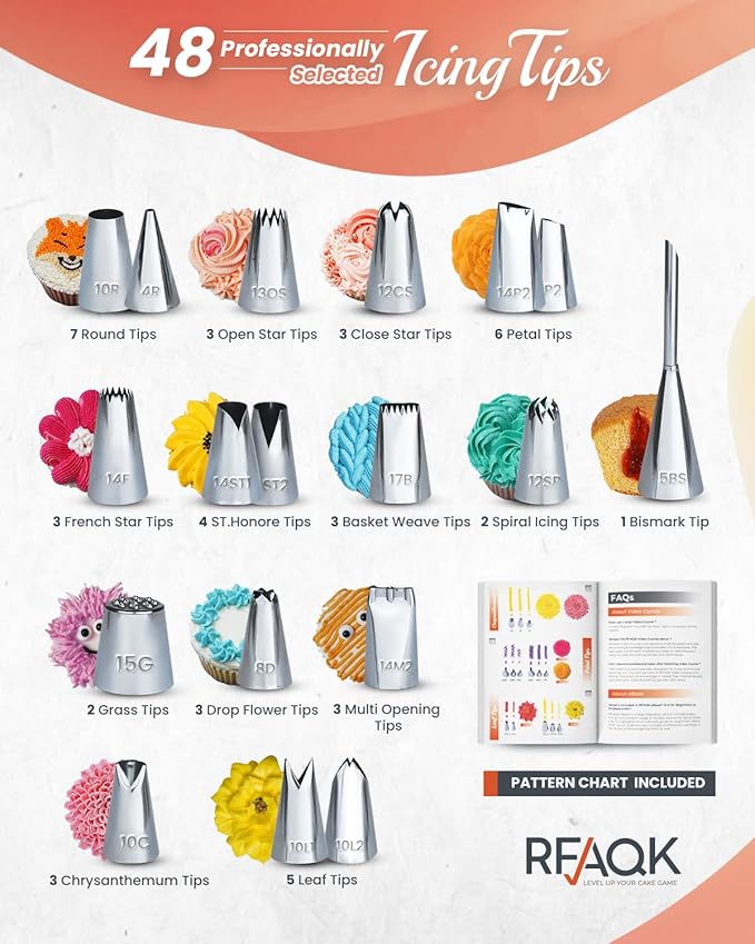 RFAQK 250 PCs Aluminum Cake Decorating Tools Kit with 12" Metal Turntable & Knife set-48 Numbered Icing Tips-3 Russian Piping Nozzles-Straight & Angled Spatula-Cake Leveler& Baking Supplies Tools