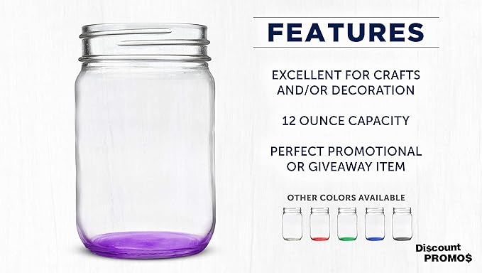 DISCOUNT PROMOS Decorating Mason Jars 12 oz. Set of 10, Bulk Pack - Glass Jars for Overnight Oats, Candies, Fruits, Pickles, Spices, Beverages - Purple