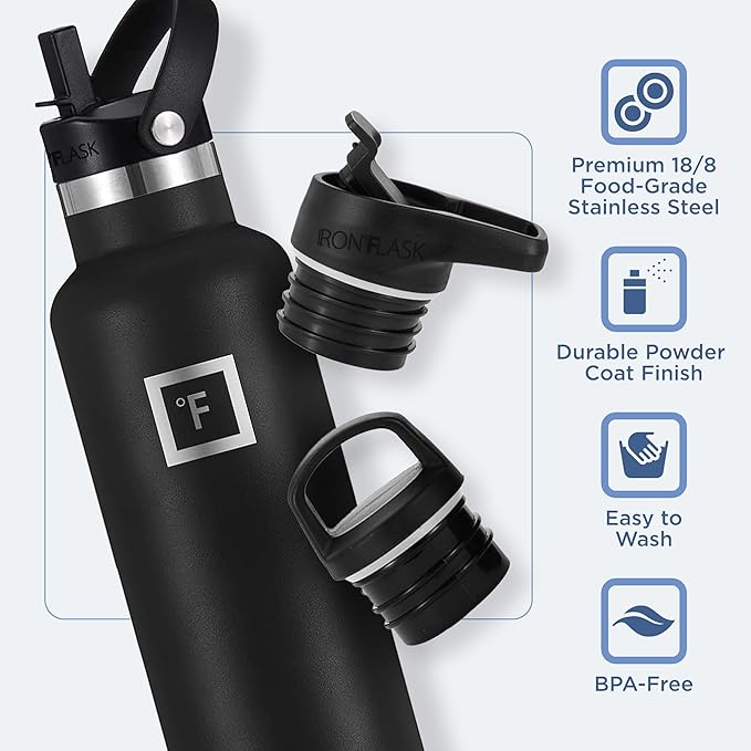 IRON °FLASK Camping & Hiking Hydration Canteens - 3 Lids (Narrow Straw Lid) Leak Proof Vacuum Insulated Stainless Steel - Hot & Cold Double Walled Sports Water Bottle - Midnight Black, 24 Oz