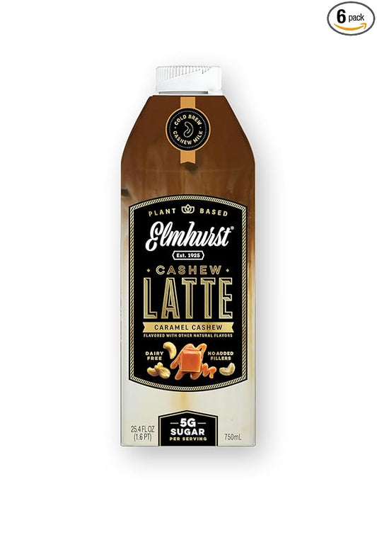 Elmhurst 1925 Caramel Cashew Latte – Plant-Based, Vegan, Dairy-Free Plant Milk Latte Made of Cashew Milk, Cold Brew Premium Arabica with 95mg Caffeine & Sweet Caramel Notes – 25.4oz (Pack of 6)