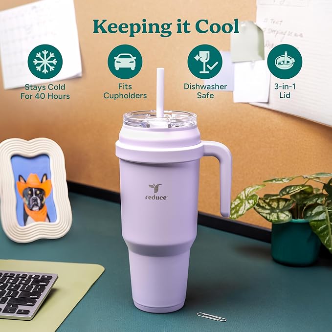 REDUCE 50 oz Stainless Steel Tumbler with Handle - Dual-Wall Vacuum Insulated Travel Mug, Sweat-Proof Lid & Reusable Straw - Keeps Drinks Cold for 24 Hrs, Fits Cupholders, Dishwasher Safe - Black