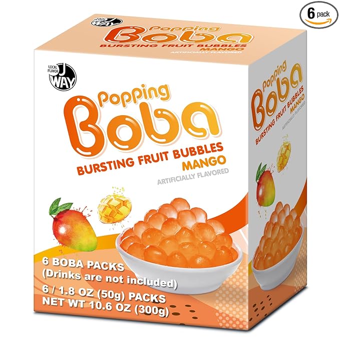 J WAY Bursting Popping Mango Boba Pearls, Mango Syrup, Non-Dairy, Fat-Free Popping Tapioca Boba for Beverages, Sweets, Ice Cream, 1.8oz (Pack of 6)