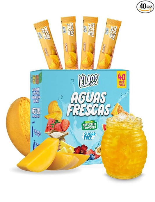 Klass Aguas Frescas | Drink Mix Packets | Mango Flavored | Sugar Free On-The-Go Packets, Low Calorie (40 Count Powder Stick Packs)