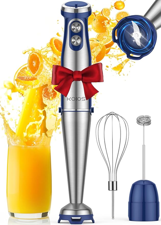 KOIOS Immersion Blender, 1000W Anti-scratch 3-in-1 Hand Blender, Upgraded 12 Speed Stainless Steel Blade Stick Blender with Turbo Mode, Whisk and Milk Frother, Non-BPA, Blue