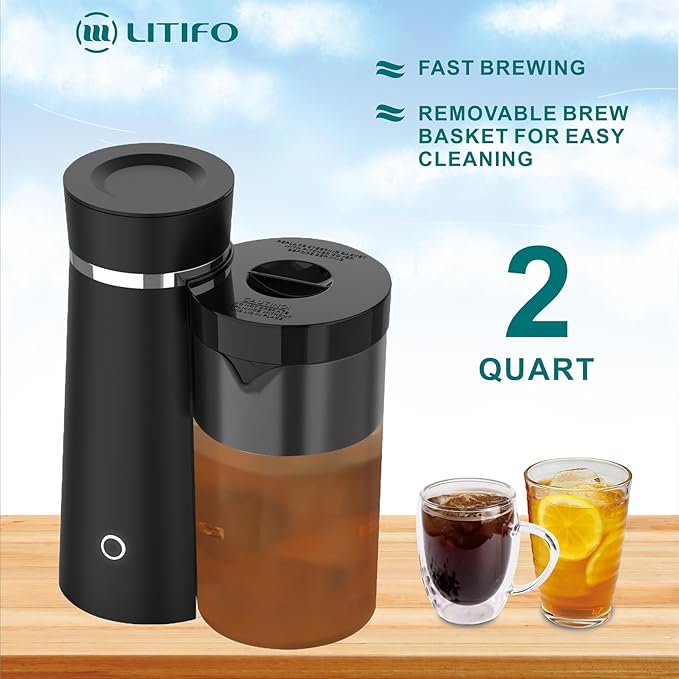 Iced Tea Maker and Iced Coffee Maker Brewing System with 2-quart Pitcher, Perfect For Fruit Infused Tea, Lemonade, Flavored Water (Black)