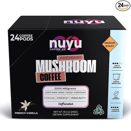 Nuyu Mushroom Coffee Pods, K-Cups, 100% Medium Roast Arabica Coffee with Lion's Mane, Reishi, Chaga, Cordyceps, 2000mg per Pod (24, French Vanilla)