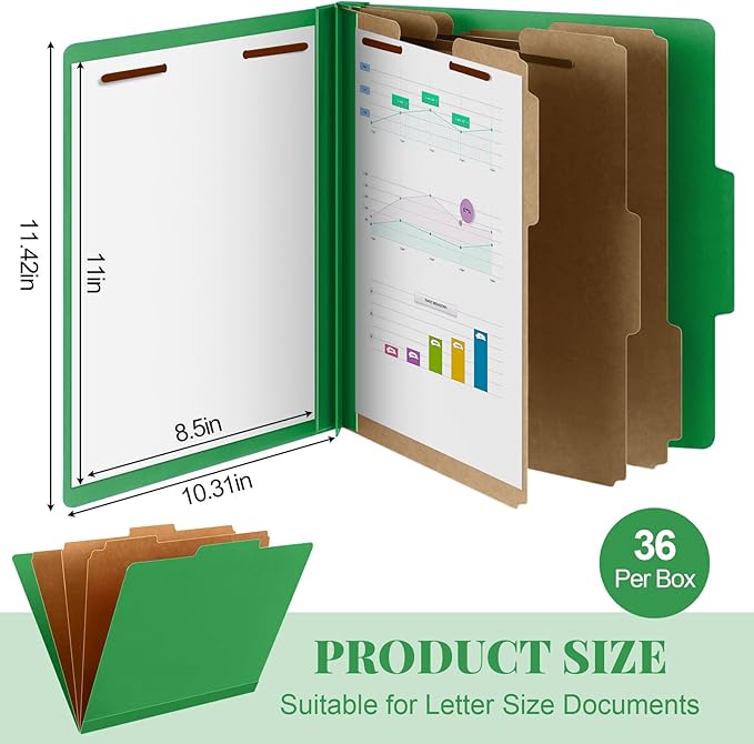 36 Pcs Classification Folders Letter Size, Back to School Supply for Teacher, Student, 3 Dividers Pressboard File Folder Bulk with 2 Fasteners, 3.5 Inch Expanding File Organizer (Green)