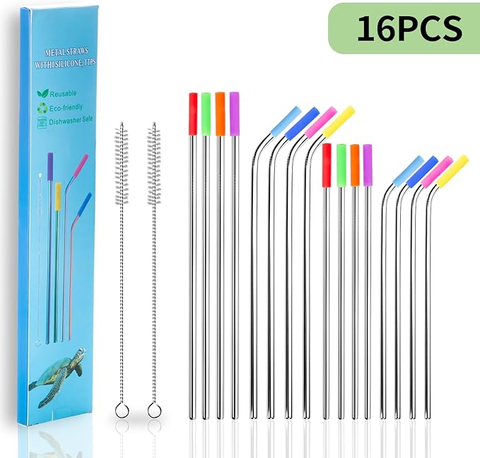 Lazycorner 16 Pcs Metal Straw Reusable 8.5" 10.5" 6mm Stainless Steel Straws for Kids,20oz-32oz, Silver Drinking Straws with Silicone Tips, 4 Straw Cleaner Brush, 1 Travel Case