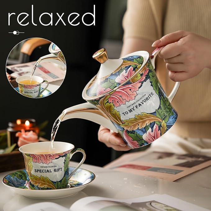 ACMLIFE Tea Cup and Saucer Set for 1, Vintage Floral Bone China Tea Cup Set with Saucer 24K Gold, Porcelain Tea Cup with Spoon and Gift Box, 6.8 oz (Green)