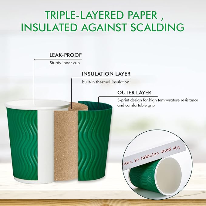 100 Count 8 OZ Coffee Cups with Lids, Insulated Ripple Wall Paper Hot Coffee Cups for Hot Drinks