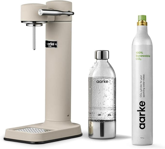Aarke Carbonator lll with CO2 Cylinder, Sparkling & Carbonation Water Machine, Stainless Steel with PET BPA-Free Reusable Bottle Volume 1L/34 fl oz (Sand)
