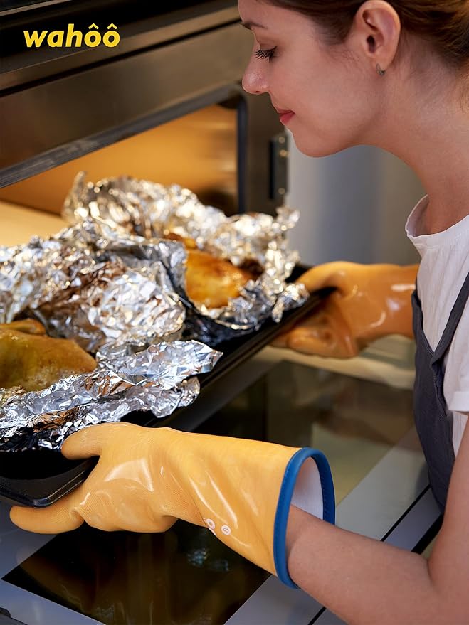 LANON Protection Wahoo Liquid Silicone Smoker Oven Gloves, Food-Contact Grade, Heat Resistant Gloves for Cooking, Grilling, Baking, Yellow, XXL/11