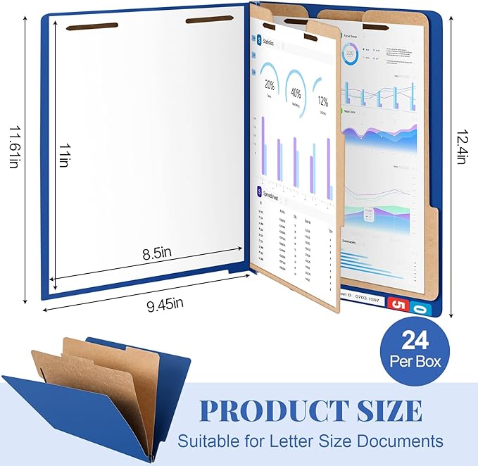 24 Pcs Classification Folders Letter Size, Back to School Supply for Teacher, Student, 2 Dividers Pressboard File Folder Bulk with Fasteners, 3.5 Inch Expanding File Organizer(Dark Blue)