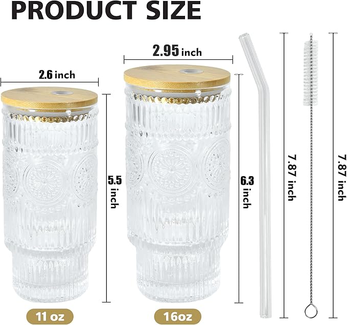 4 Pcs 16oz Drinking Glasses Cups Set with Bamboo Lids Straws Brush Begonia Vintage Glassware Set for Juice Iced Coffee Beer Cocktail Whiskey