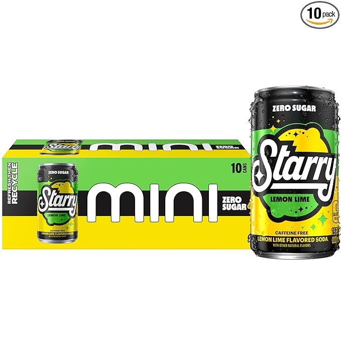 Starry Zero Sugar Lemon Lime Soda, Caffeine Free, Mini Cans, 7.5 Ounce (Pack of 10)