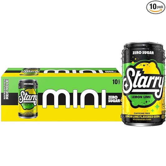 Starry Zero Sugar Lemon Lime Soda, Caffeine Free, Mini Cans, 7.5 Ounce (Pack of 10)