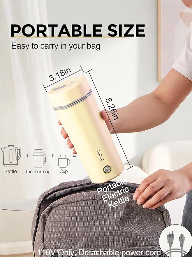 balbali Travel Kettle - 12oz Portable Electric Kettle for Boiling Water - Self Heating Cup/Thermos - Single Size Personal Tea Maker -Hot Water Boiler/Heater/Warmer - Yellow