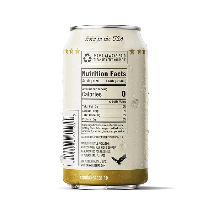 Free Bird Southern Sparkling Spring Water - 12 Pack, 12oz Cans, Zero Calories, Unflavored Carbonated, Crisp & Bubbly, Blue Ridge Mountain, Shelf-Stable Sparkling Drink