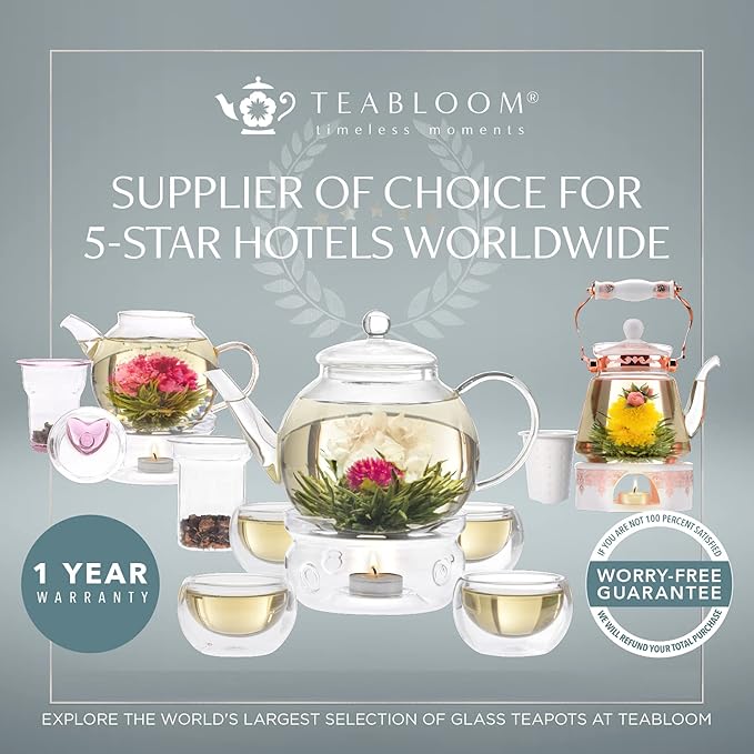 Teabloom Wings of Love Teapot - 40 oz. Borosilicate Glass Butterfly Teapot, Loose Leaf Tea Glass Infuser - 2 Free Blooming Tea Flowers included