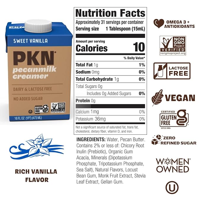 PKN Sweet Vanilla Pecan Milk Creamer, Plant-Based, Vegan, Dairy-Free, No Gums or Oils, Keto-Friendly, Barista-Approved, Shelf-Stable, 16oz Six-Pack