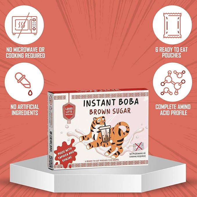 Instant Brown Sugar Boba, 70% Fewer Calories, Made with Konjac and Tapioca, Brown Sugar Boba Pearls for Boba tea, Shakes and Dessert, Plant-Based 6 Ready-to-Eat Pouches (240g)