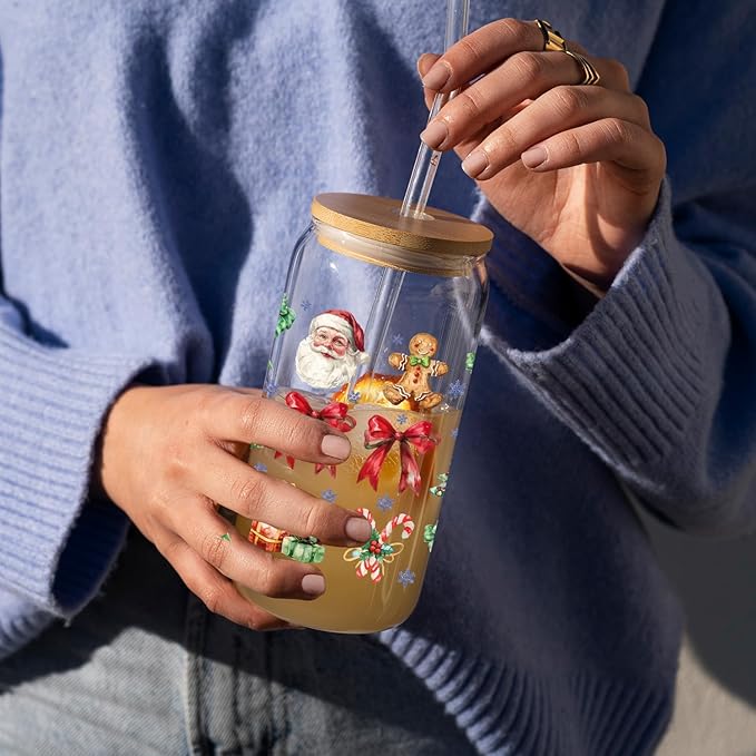Santa Claus Glass, 16 Oz Winter Iced Coffee Glass with Straw and Lid, Perfect for Christmas and Holiday Celebration Decorations (One)