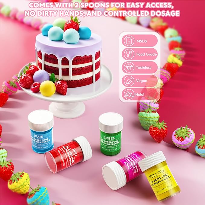 Oil Based Food Coloring Powder for Chocolate 5 Colors Powdered Edible Food Dye for Sugar Candy Melts Oil Frosting Icing Dye for Backing Cookies Fondant Food Color for Cake Decorating - 10g/ Bottles