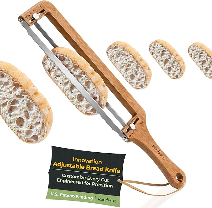 Adjustable Bread Slicer for Homemade Bread – Sourdough Bread Knife with Thickness Guide & Serrated Stainless Blade, Manual Bow Cutter for Bagels and Baguettes, Gift for Baker, Ambidextrous Use