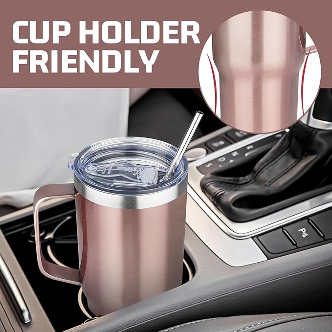 20 oz Rose Gold Stainless Steel Insulated Tumbler with Handle, Lid, Straw - Double Wall Vacuum Insulated Coffee Mug, Leak Proof Travel Mug for Hot and Cold Drink