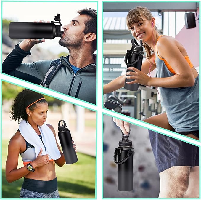 Vacuum Insulated Water Bottle 40oz - w/Straw Lid & Spout Lid, Carrier Bag, Paracord Handle, Bottle Boot, Stainless Steel Water Bottle for Adults, Wide Mouth Thermo Bottle Flask Cold-48H Hot-24H