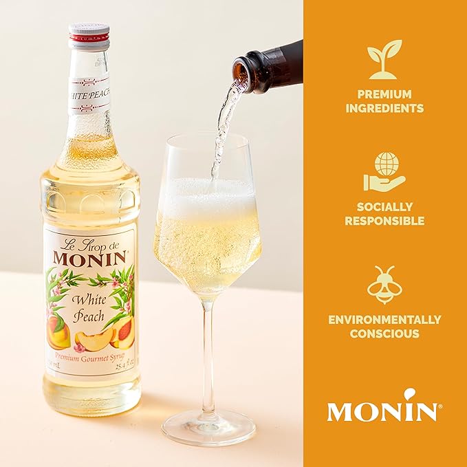 Monin - White Peach Syrup, Juicy Ripe Peach Flavor, Perfect for Cocktails, Mocktails, Iced Teas, & Smoothies, Gluten-Free, Non-GMO (1 Liter)